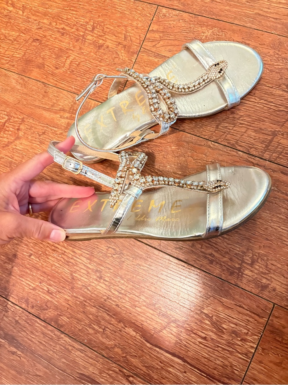 Metallic Gold T-Strap Crystal Sandals